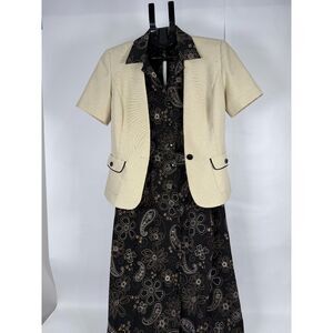 Studio I Vintage 2 Piece Midi Dress & Blazer Set Black Beige Paisley Size 8